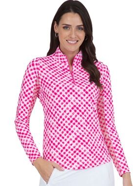 IBKUL | Pink Gingham Check Essential Mock Womens Golf Quarter-Zip NWT